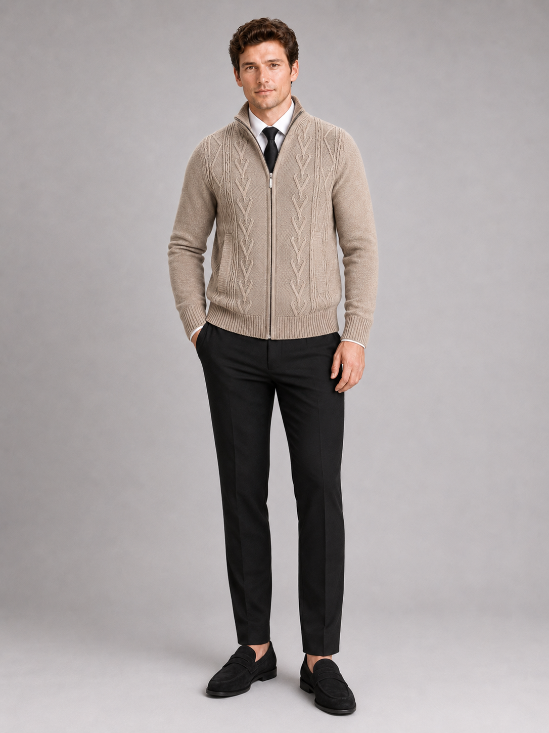 Khaki stand collar zip sweater for men warm knit layer for everyday winter wear