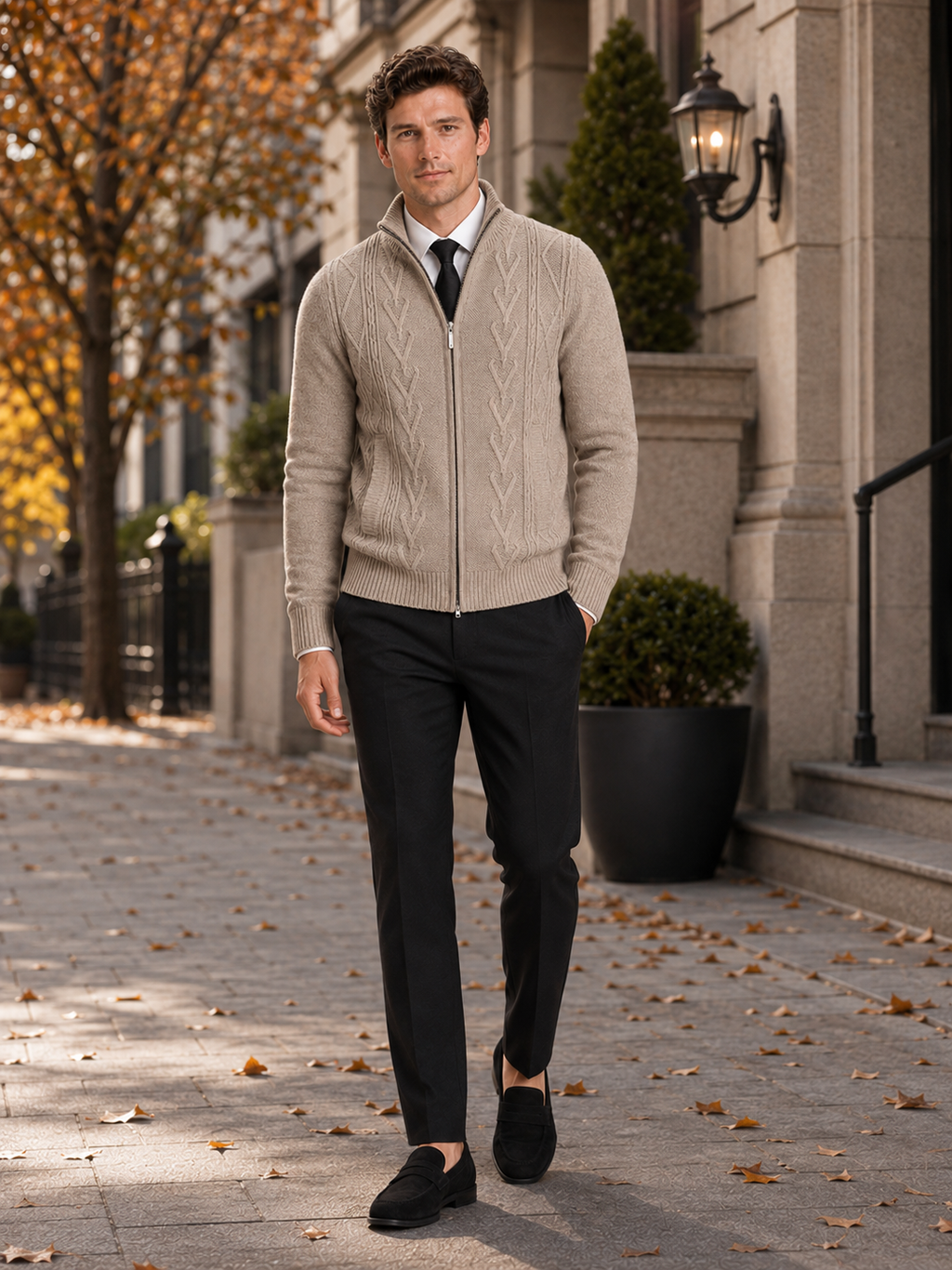 Man styling khaki full zip knit sweater in a relaxed fall winter everyday outfit