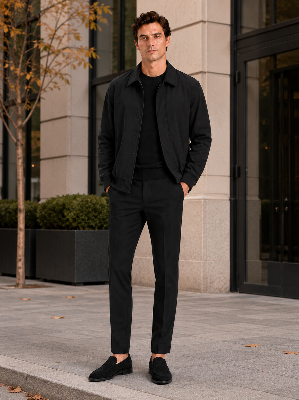 Man styling black lapel fall jacket in a modern business casual and everyday lifestyle outfit