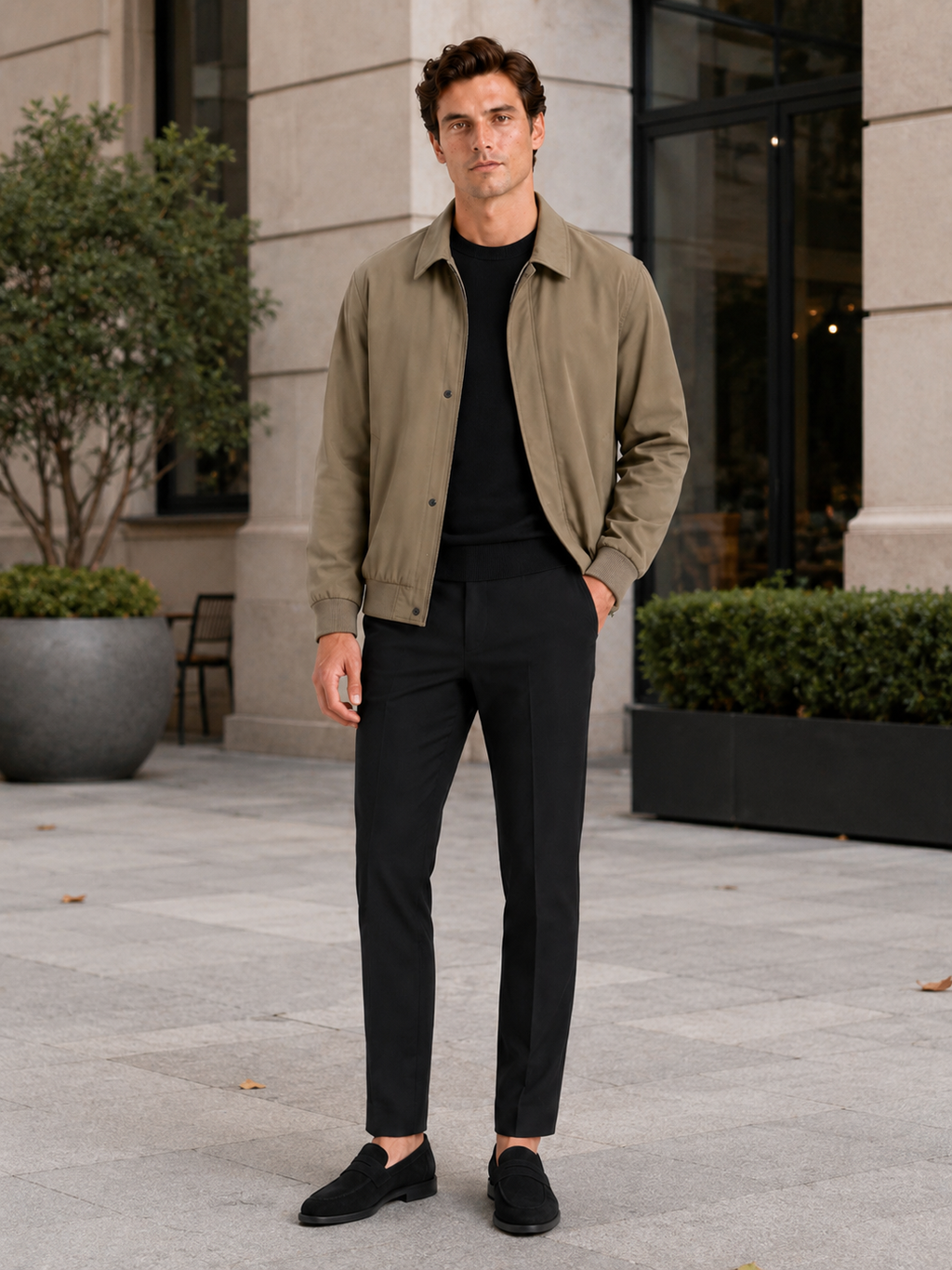 Man styling khaki lapel fall jacket in a refined business casual and everyday lifestyle outfit