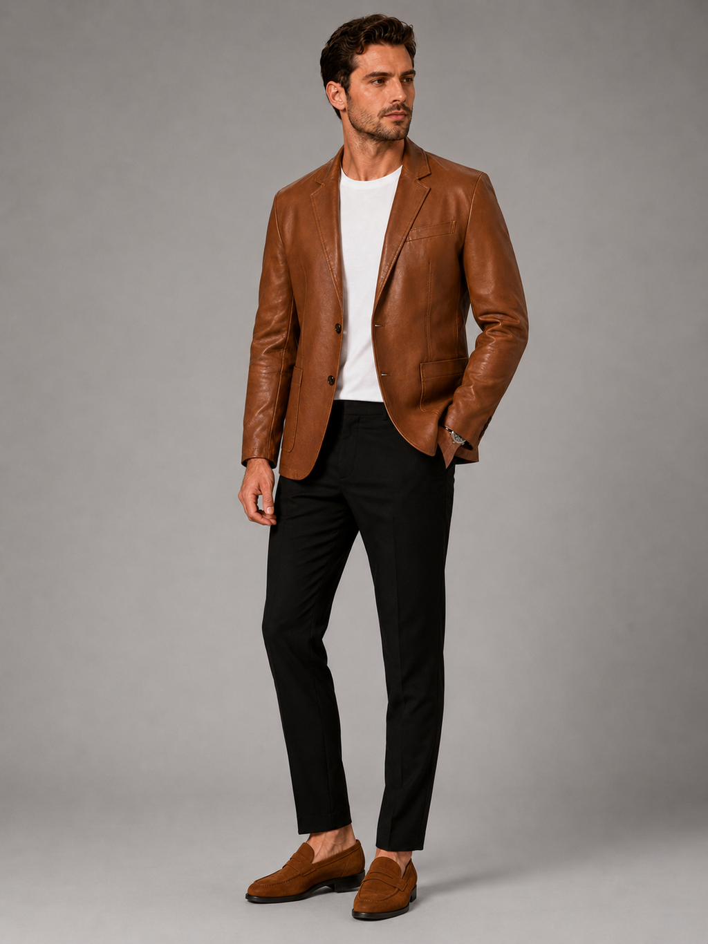 Man wearing a khaki slim fit leather blazer jacket in a sophisticated business casual office and evening outfit