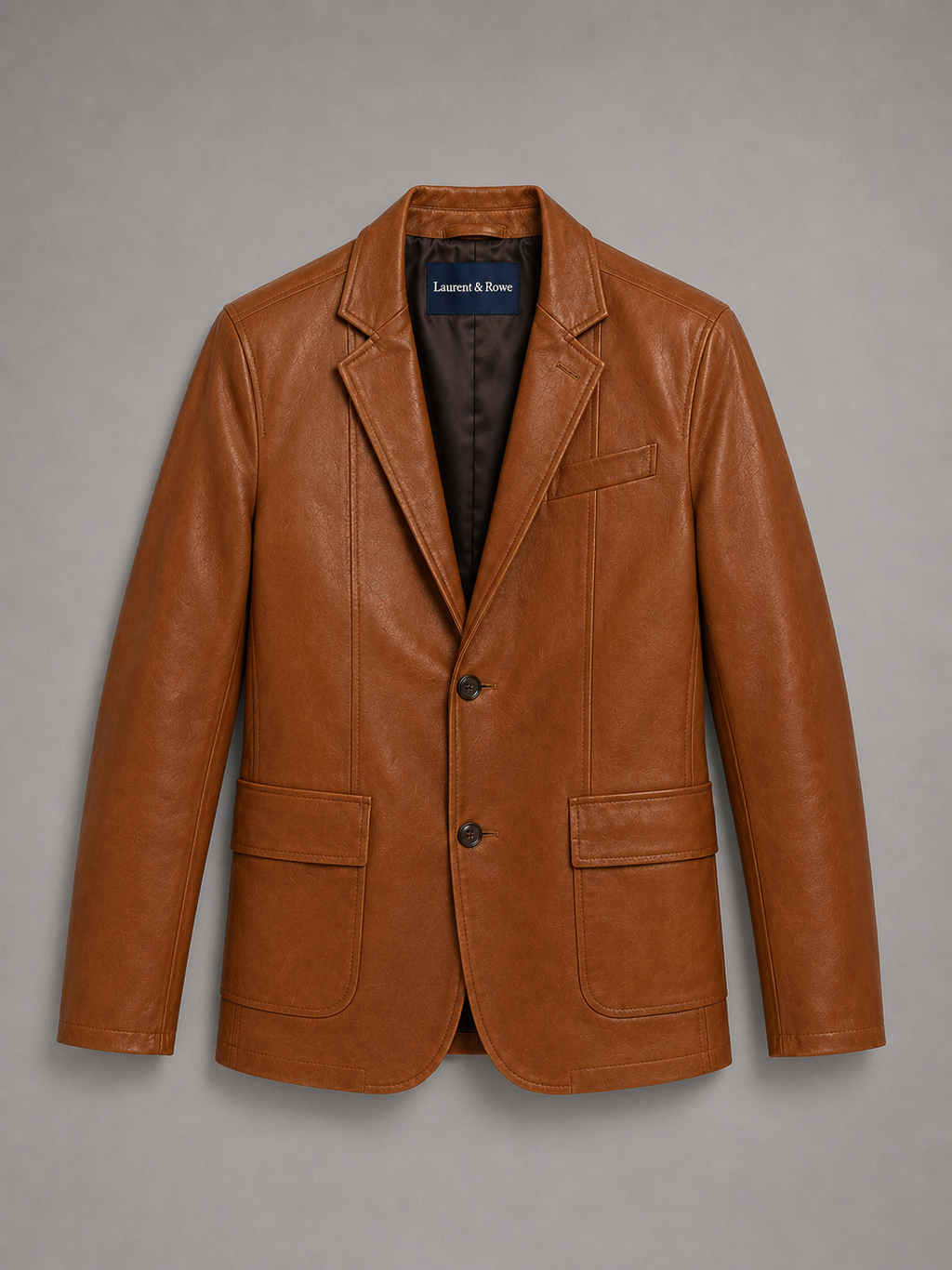 Khaki men’s leather blazer jacket with a slim fit and classic lapel displayed on a plain background