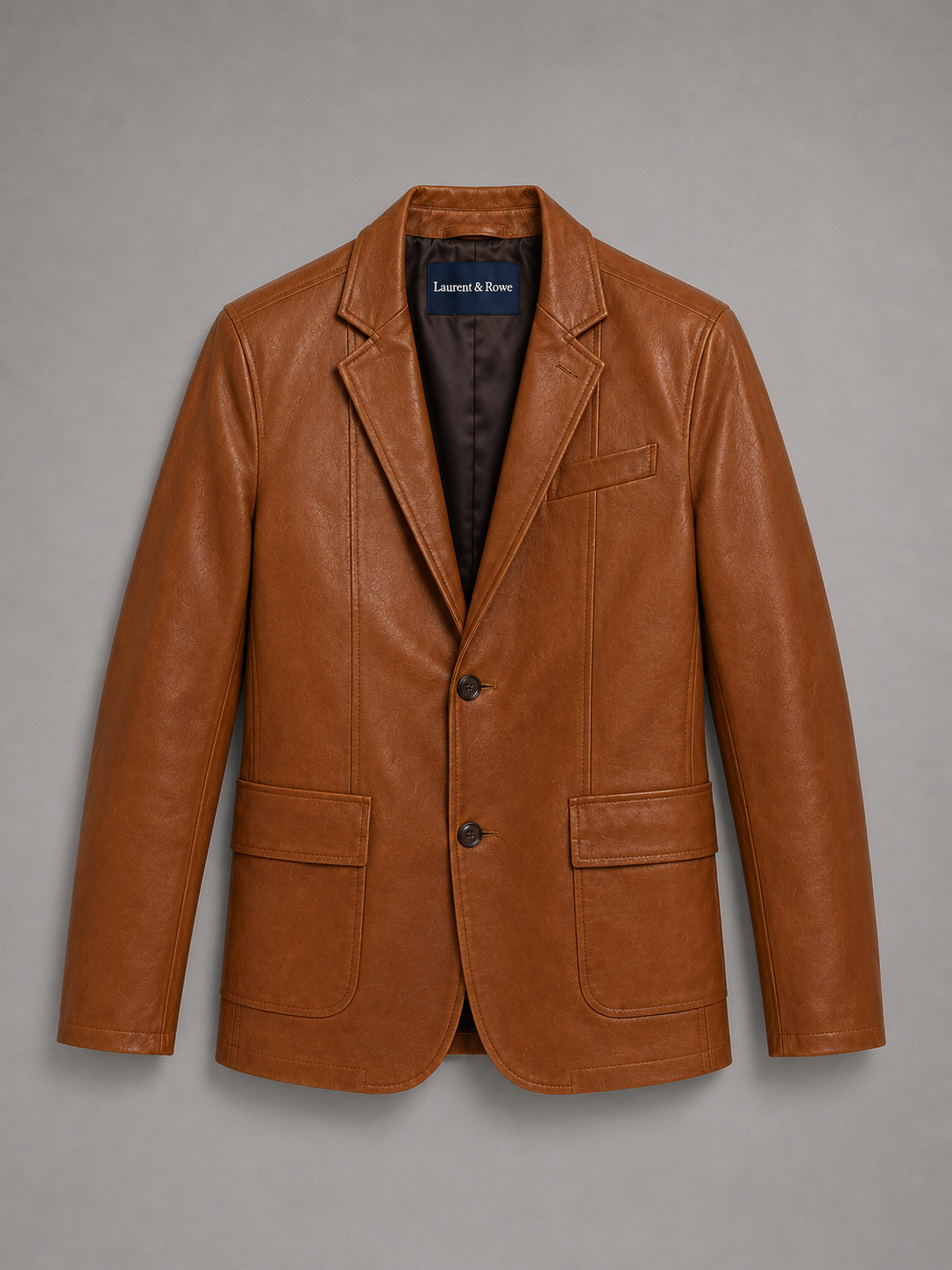 Khaki men’s leather blazer jacket with a slim fit and classic lapel displayed on a plain background