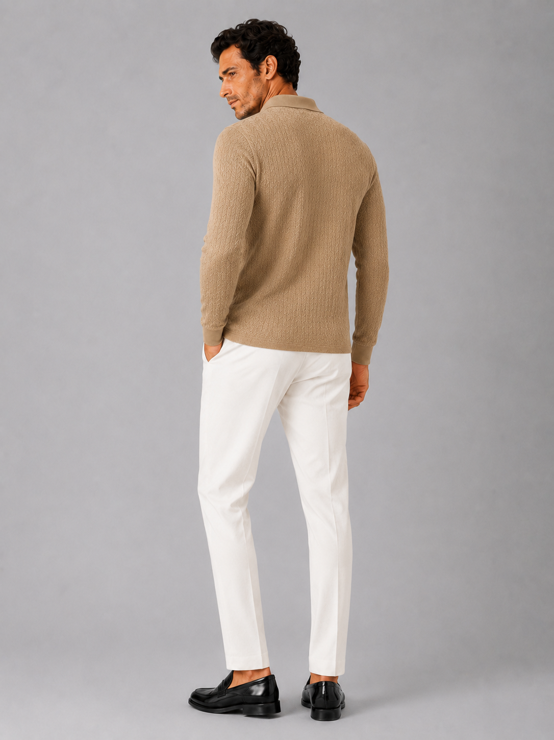 Men’s khaki business casual polo soft knit fabric for refined smart casual style