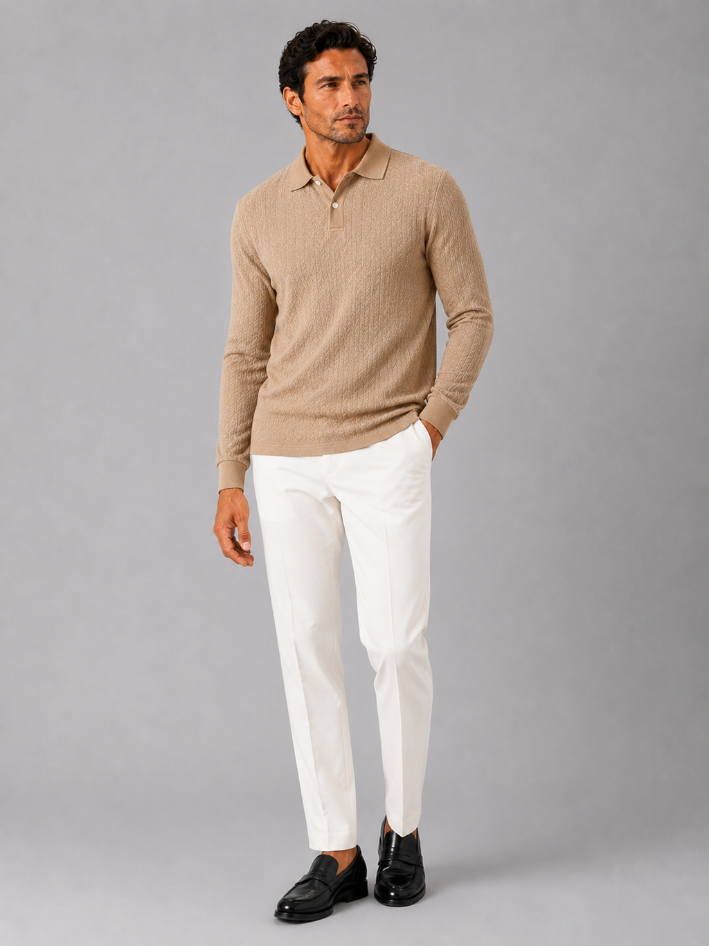 Khaki long sleeve polo shirt for men comfortable knit top for office and vacation outfits