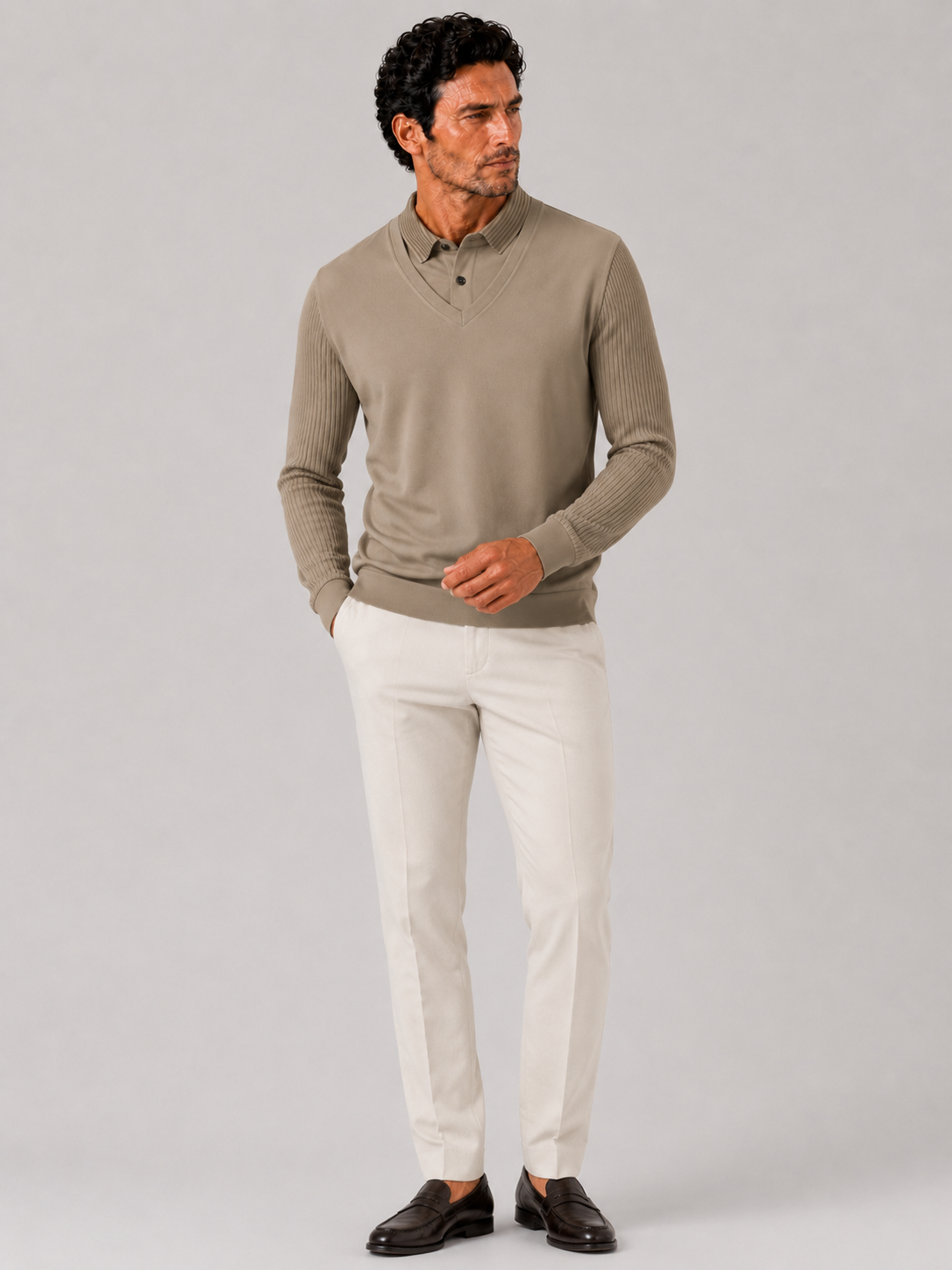 Khaki long sleeve polo shirt for men comfortable all season top for office and vacation wear