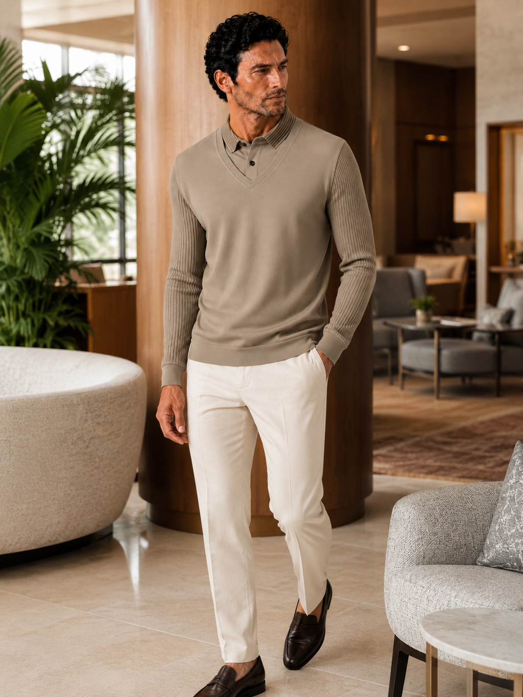 Man styling khaki long sleeve polo shirt in a refined office and vacation lifestyle outfit