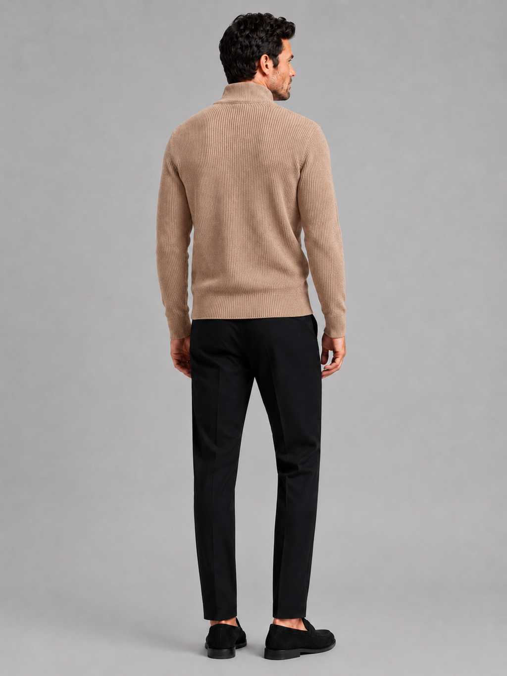 Back view of a man wearing a khaki ribbed knit cardigan showing the slim fit, long sleeves, and textured knit construction