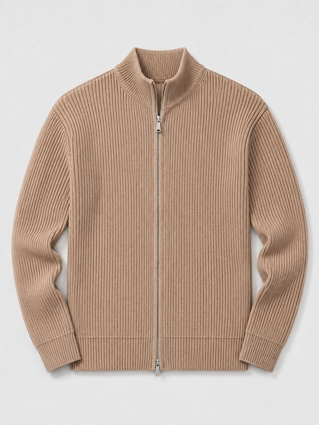 Khaki men’s ribbed knit full zip cardigan sweater with a stand collar and slim fit displayed on a plain background