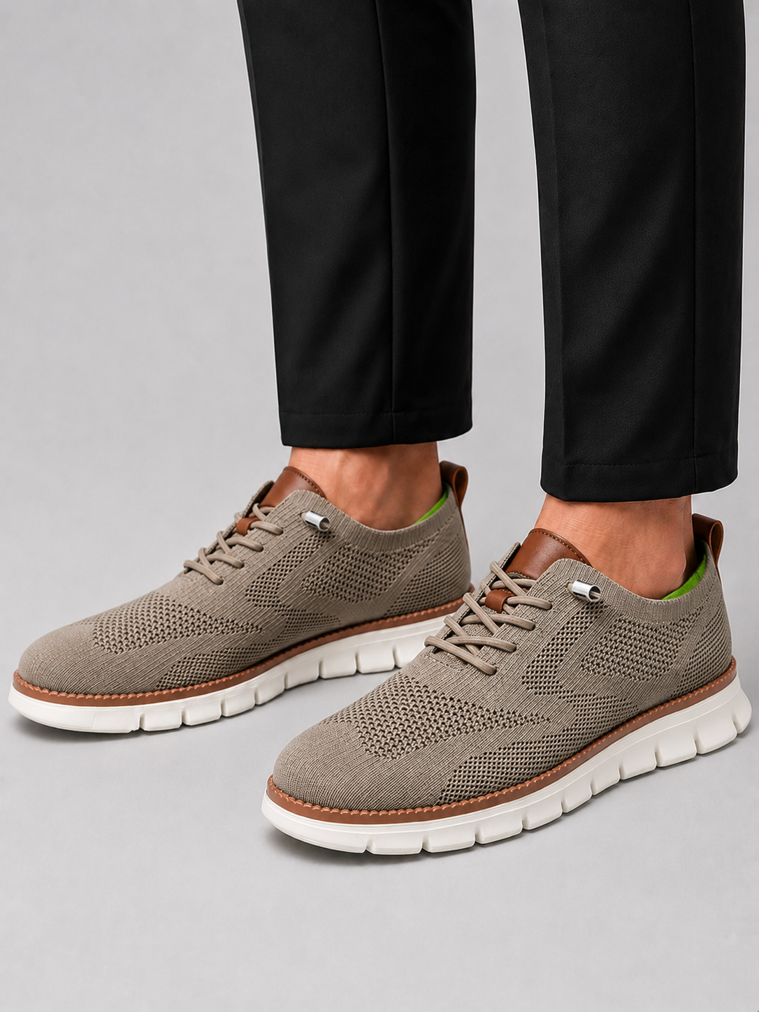 Man styling khaki mesh sneakers in a relaxed summer travel and everyday lifestyle outfit