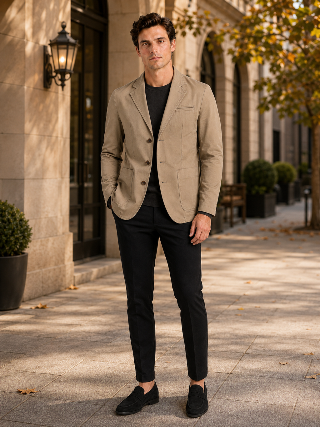 Man styling khaki military blazer jacket in a classic business casual and everyday lifestyle outfit