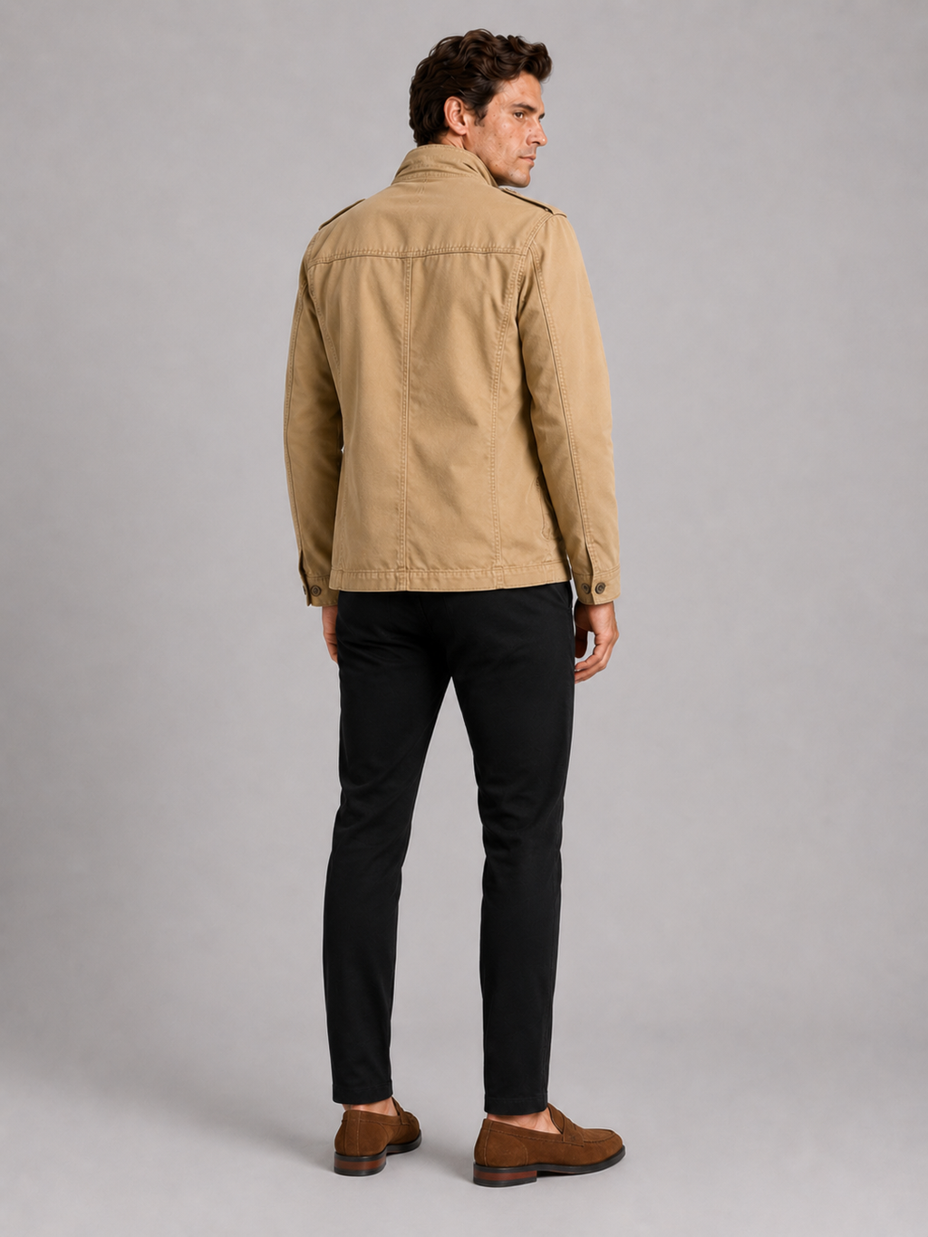 Men’s khaki multi pocket cargo jacket heavyweight cotton outerwear for rugged workwear outfits