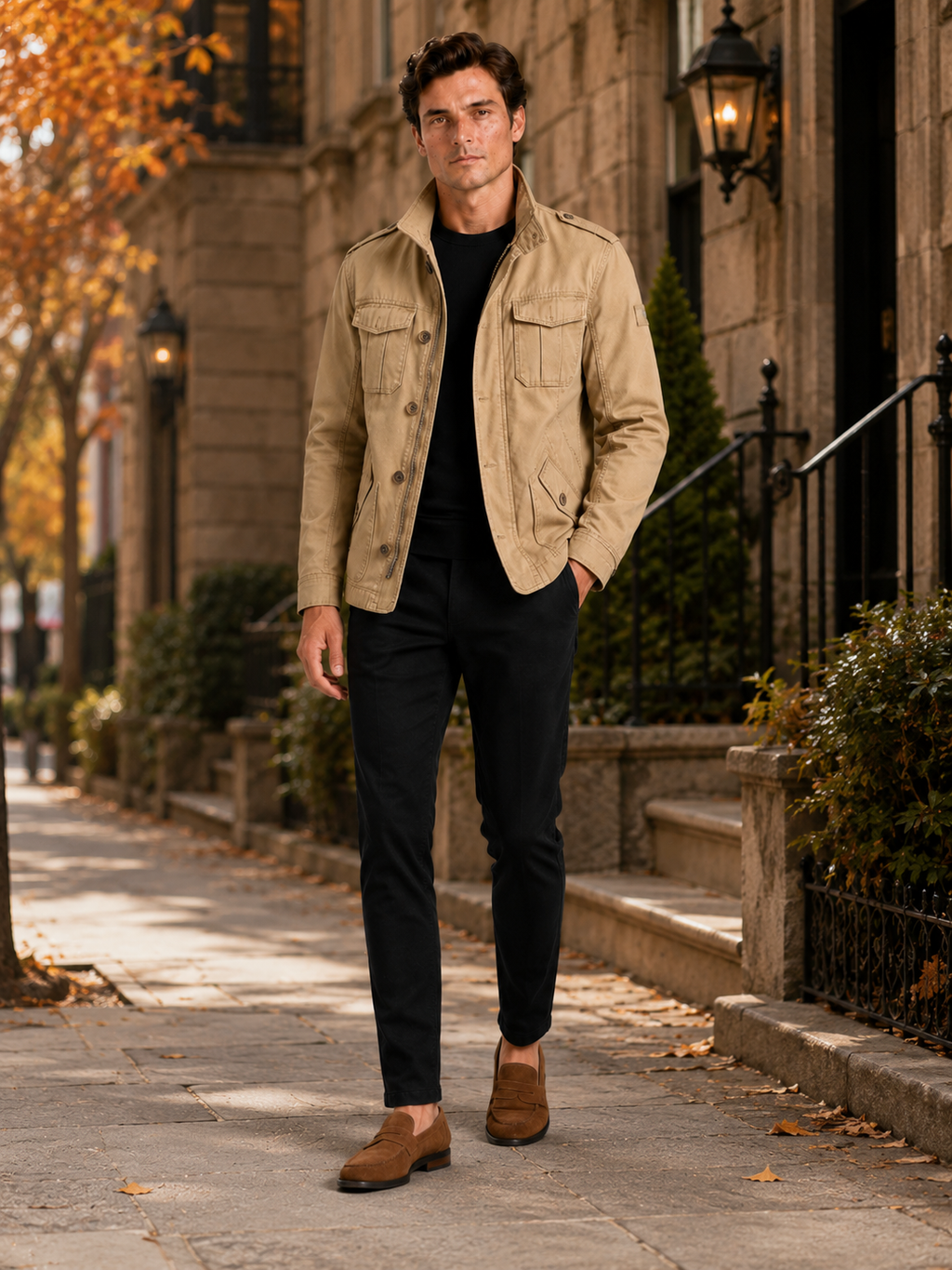 Man styling khaki military cargo jacket in a classic outdoor and workwear lifestyle outfit