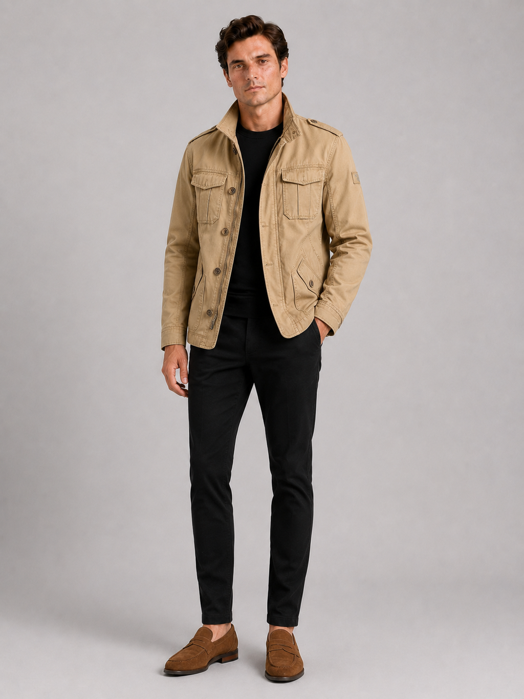 Khaki military cargo jacket for men stand collar workwear coat for outdoor and everyday wear