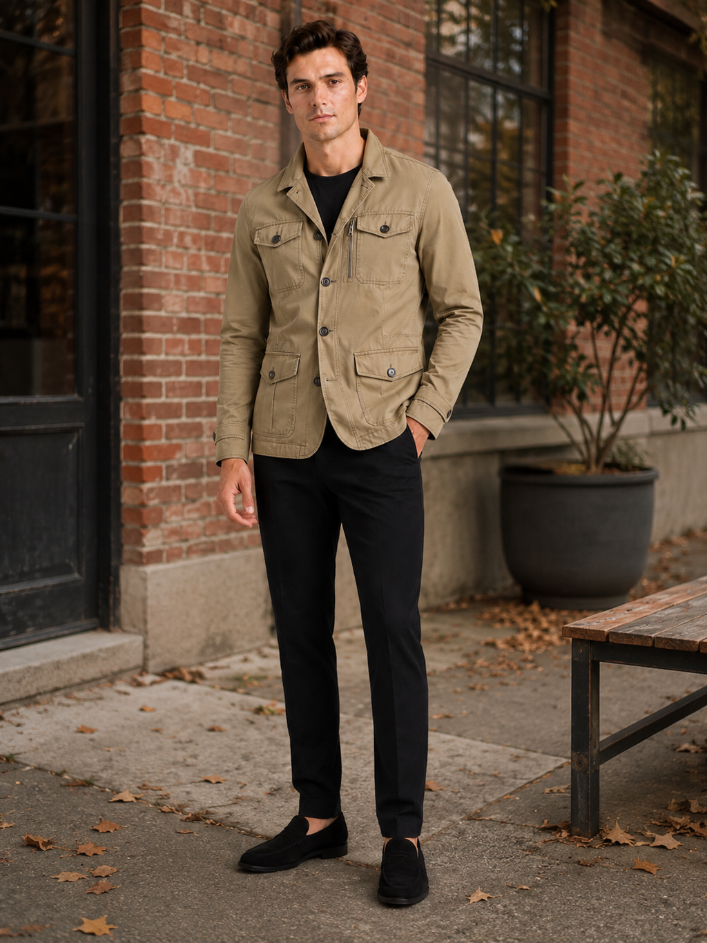 Man styling khaki military jacket in a rugged outdoor work and everyday lifestyle outfit
