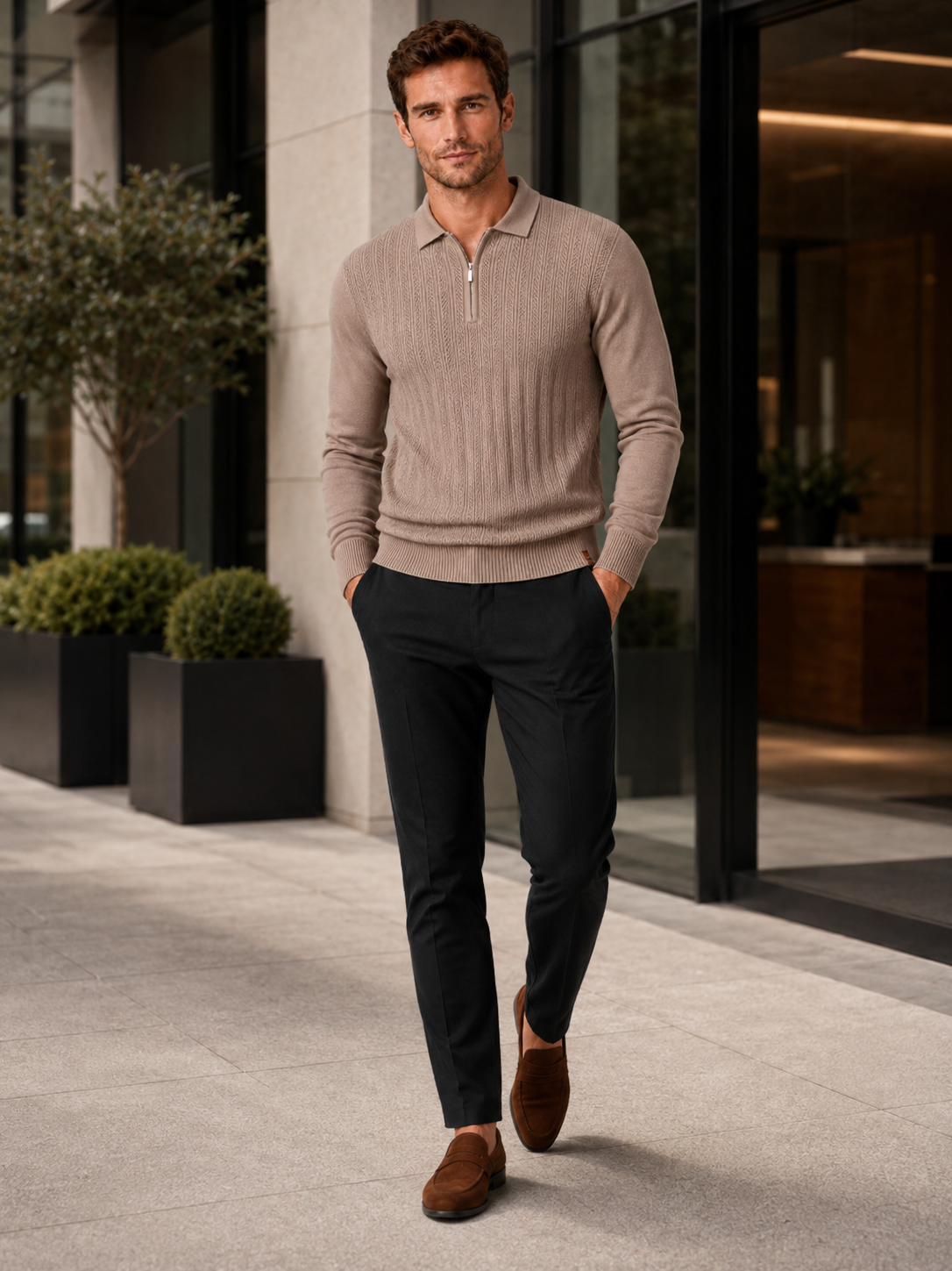 Man wearing a khaki slim fit quarter zip polo shirt in a business casual fall winter outfit for office and everyday wear