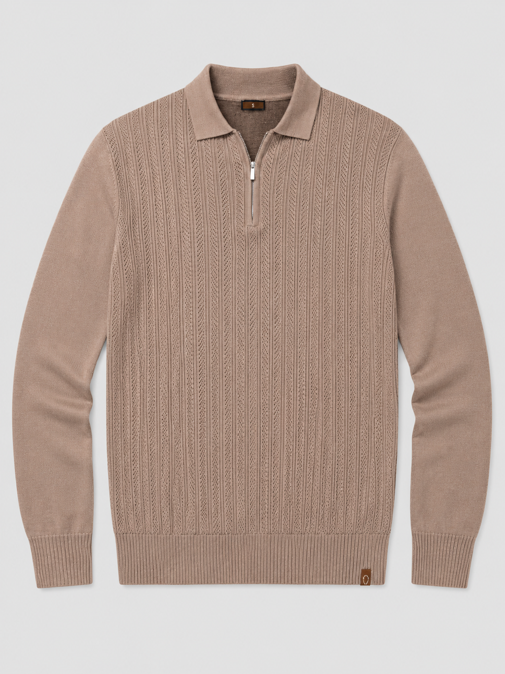 Khaki men’s slim fit quarter zip polo shirt with textured long sleeve design displayed on a plain background