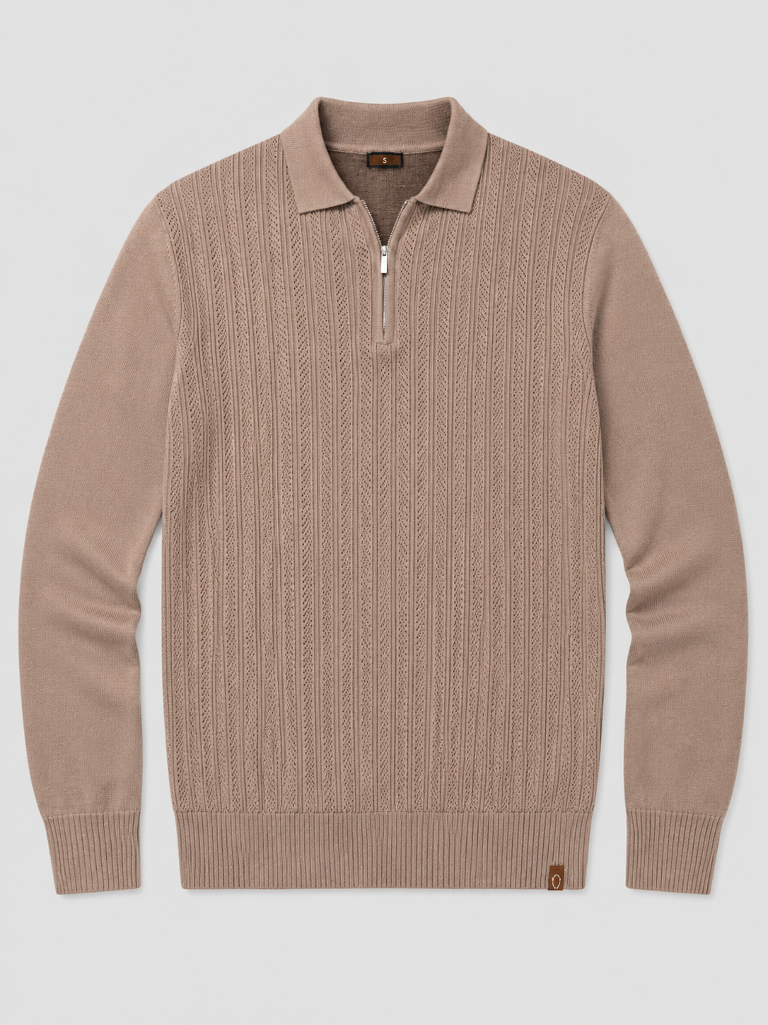 Khaki men’s slim fit quarter zip polo shirt with textured long sleeve design displayed on a plain background