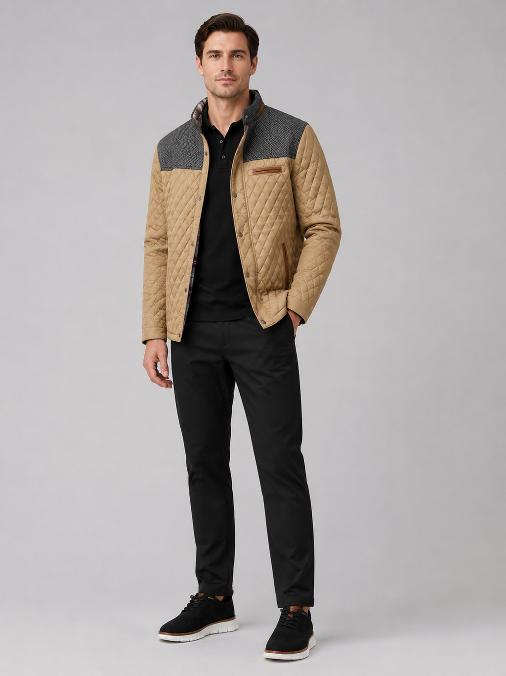 Khaki quilted jacket for men lightweight fall outerwear for everyday and travel wear
