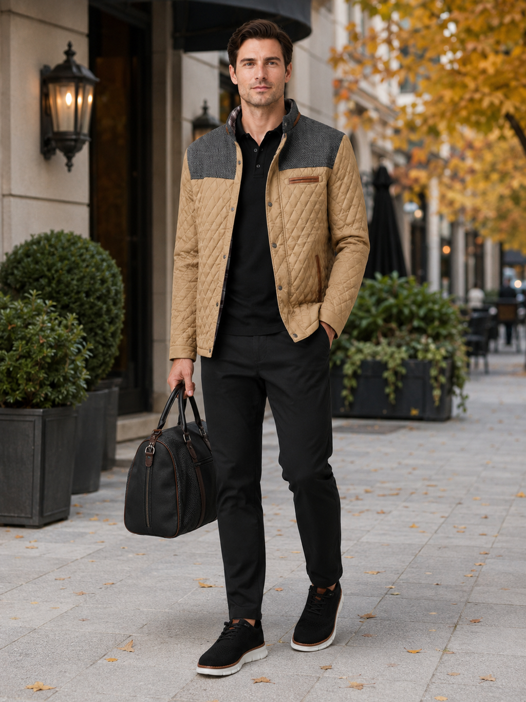 Man styling khaki quilted jacket in a relaxed travel and everyday lifestyle outfit