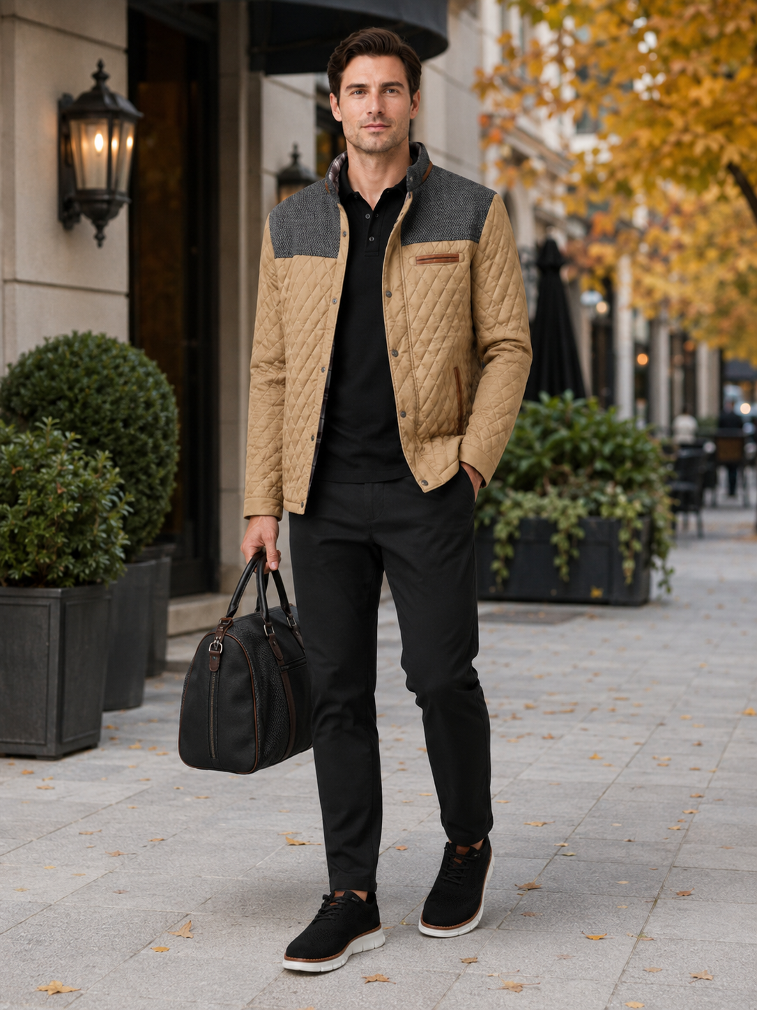 Man styling khaki quilted jacket in a relaxed travel and everyday lifestyle outfit