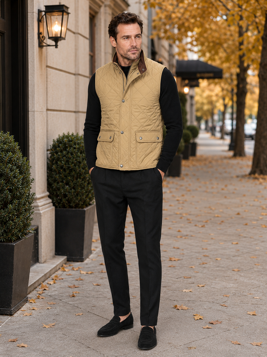 Man wearing a khaki quilted multi-pocket vest in a casual fall winter outfit for outdoor and everyday wear