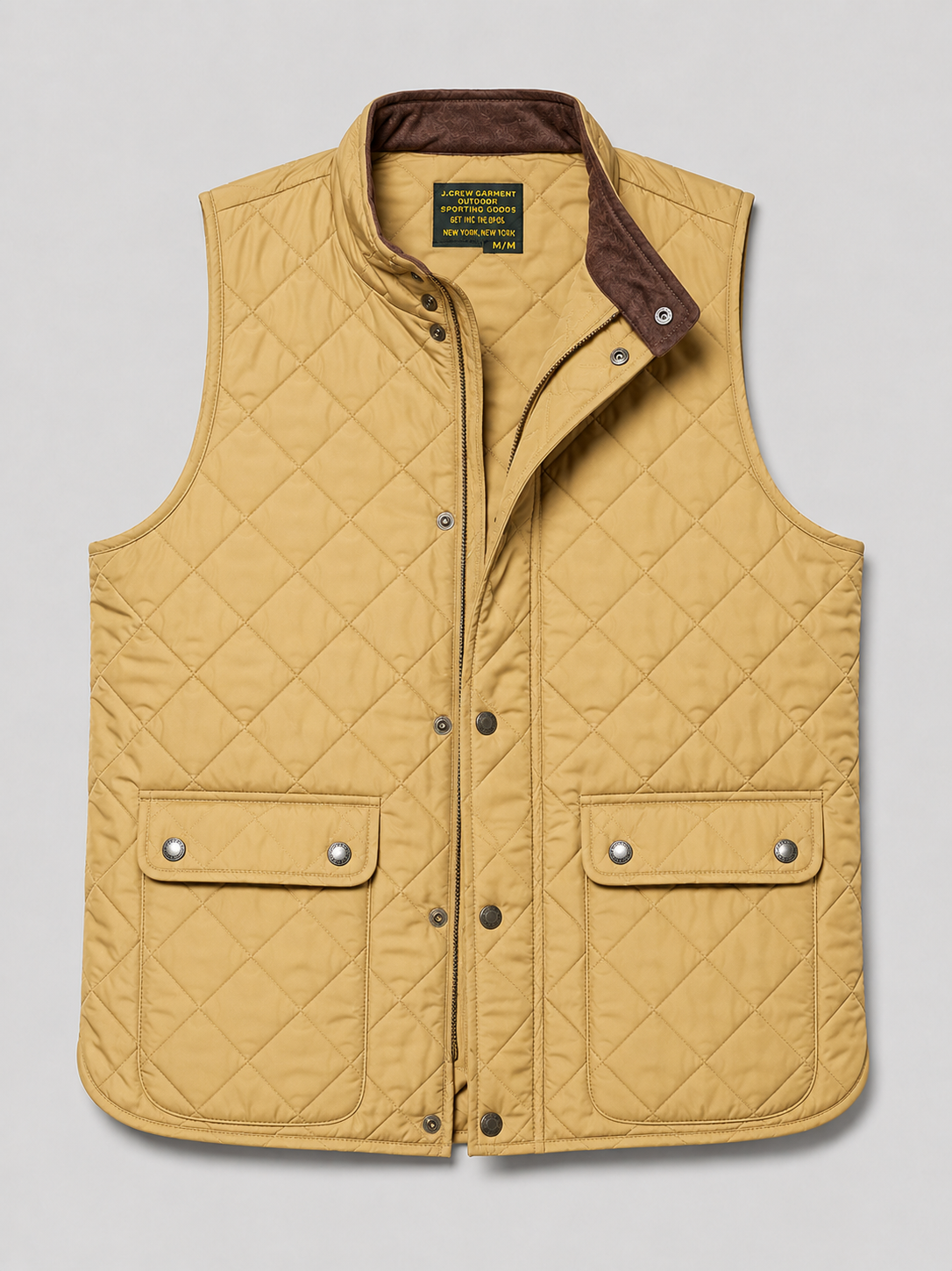 Khaki men’s thick padded quilted vest with a polo collar and multi-pocket design displayed on a plain background