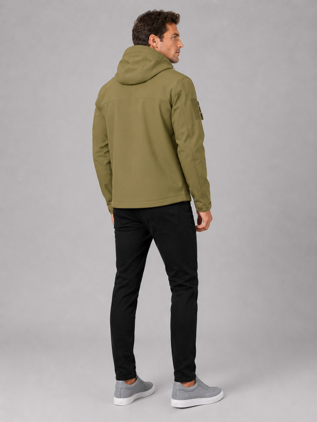 Men’s khaki soft shell jacket waterproof outdoor coat for work and fall hiking outfits