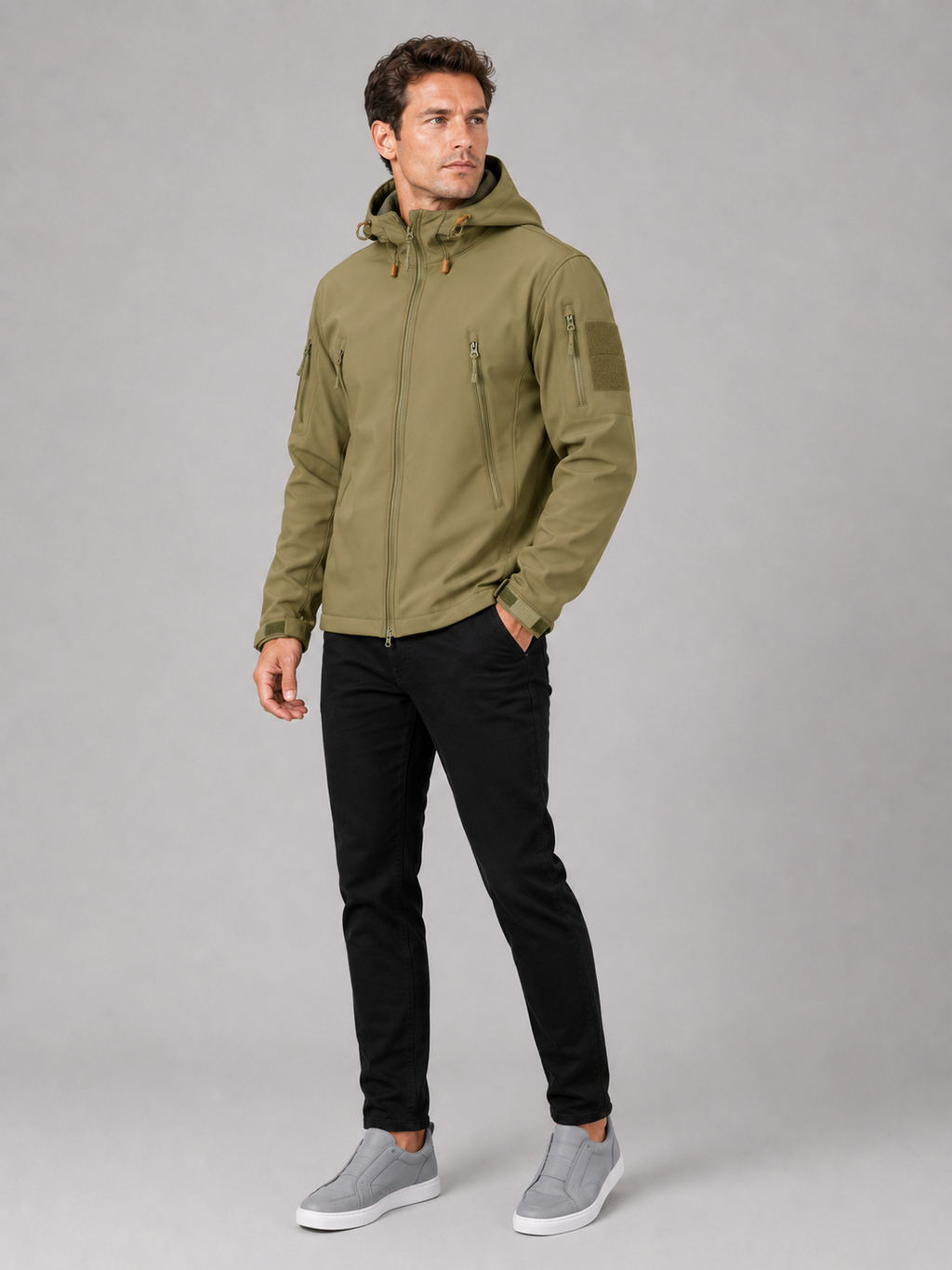 Khaki tactical workwear jacket for men windproof hooded bomber coat for hiking wear