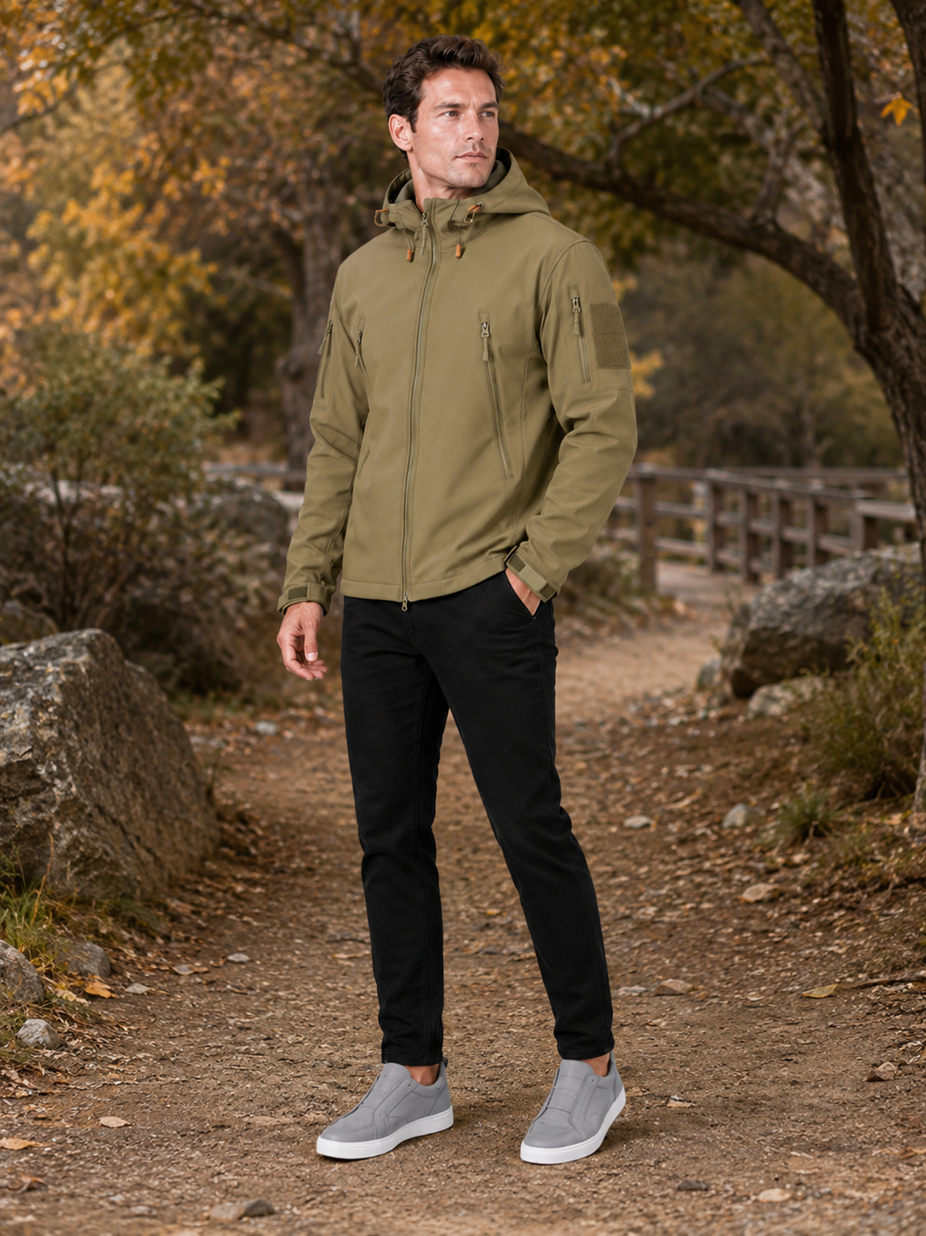 Man styling khaki tactical hooded jacket in a rugged outdoor work and hiking lifestyle outfit