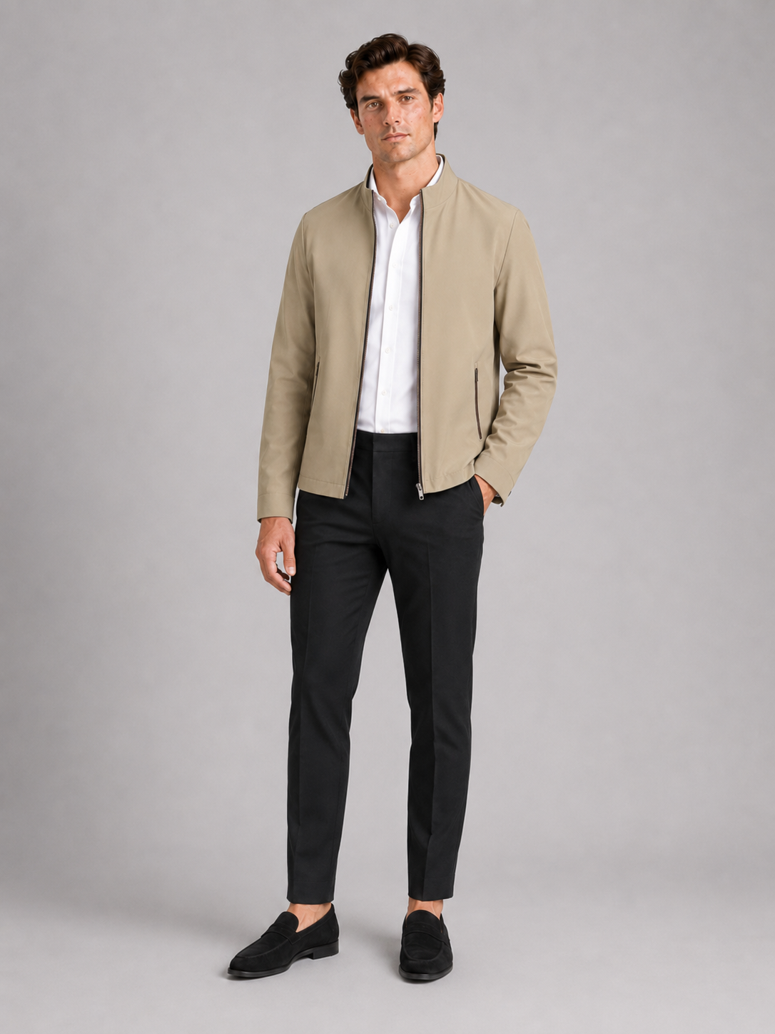 Khaki stand collar jacket for men casual fall outerwear for commuting and everyday wear