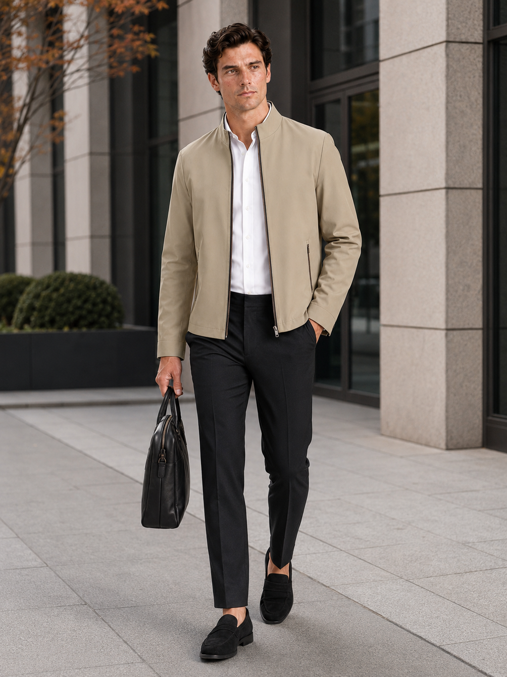 Man styling khaki stand collar jacket in a classic business commuting and everyday lifestyle outfit