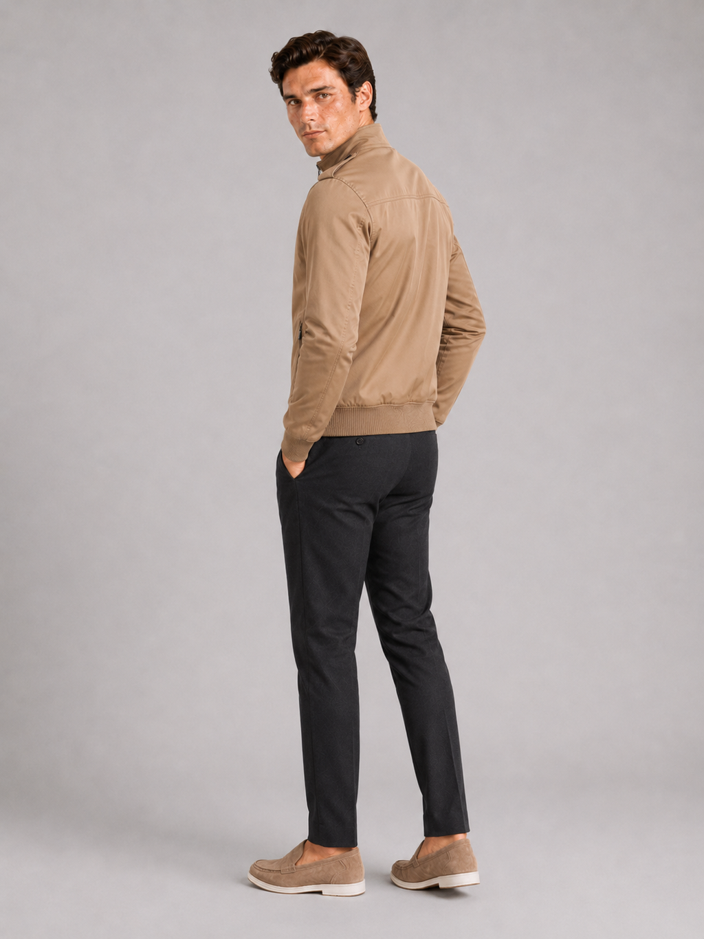 Men’s khaki stand collar business coat lightweight tailored jacket for smart casual outfits