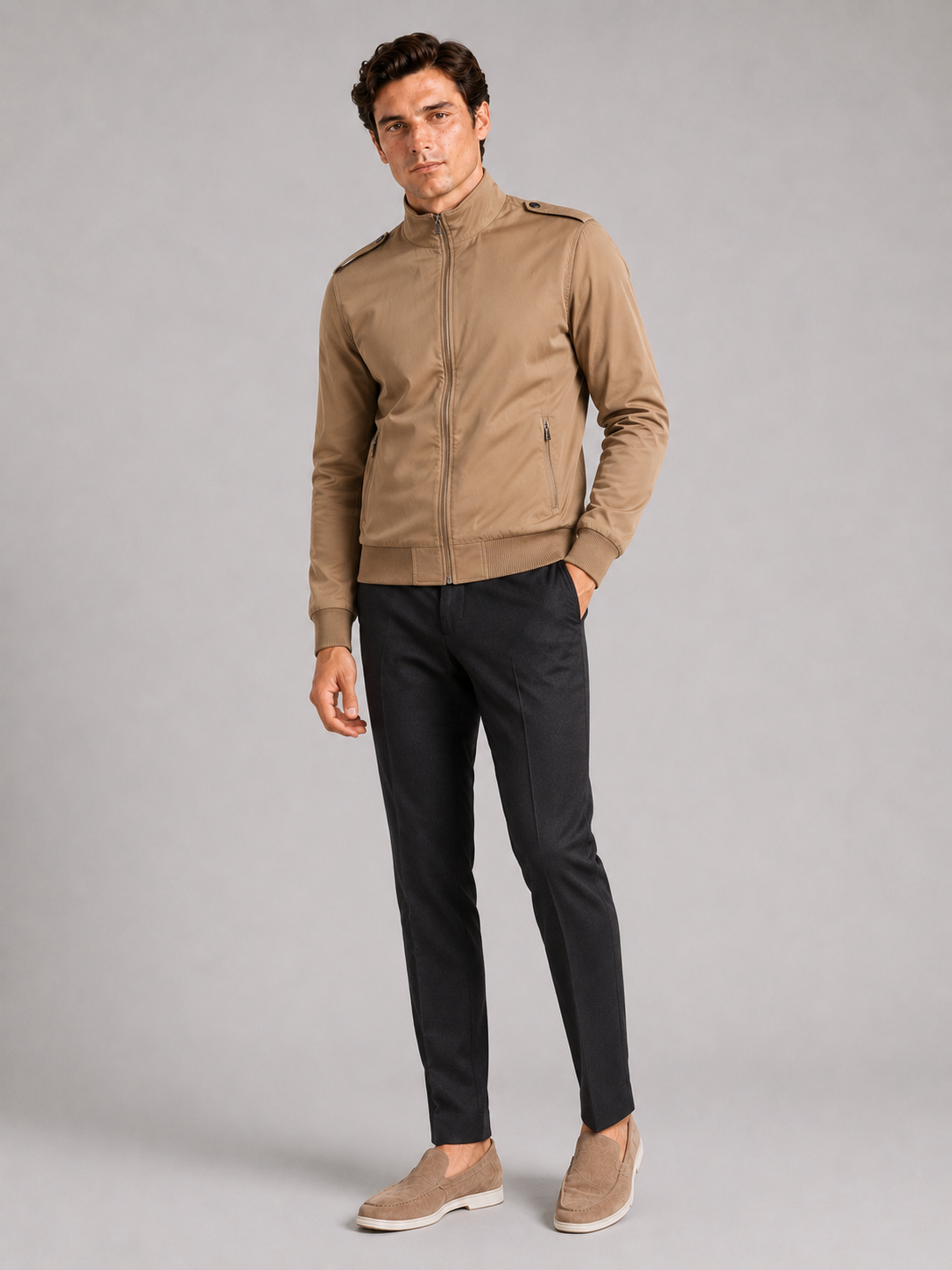 Khaki slim fit trench jacket for men tailored outerwear for office and travel wear
