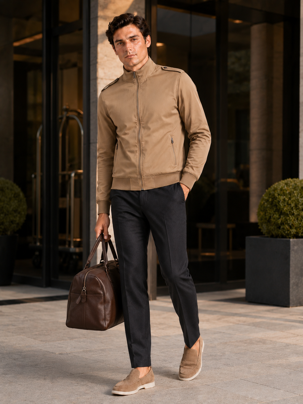 Man styling khaki trench jacket in a refined office travel and smart casual lifestyle outfit