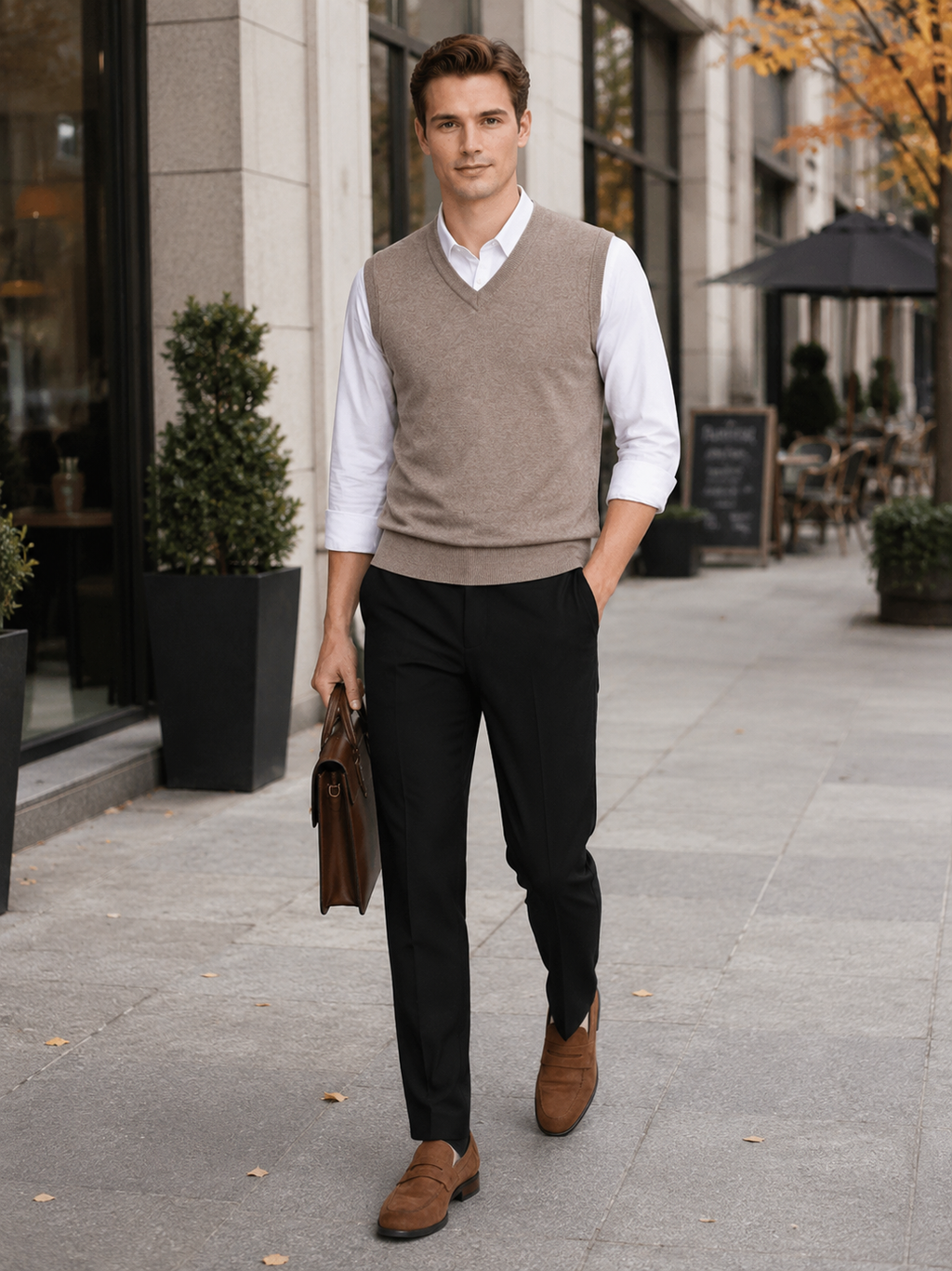 Man styling khaki sweater vest in a refined business casual and everyday lifestyle outfit