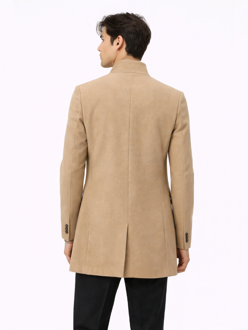 Khaki wool blend trench coat for men classic tailored coat clean elegant everyday style