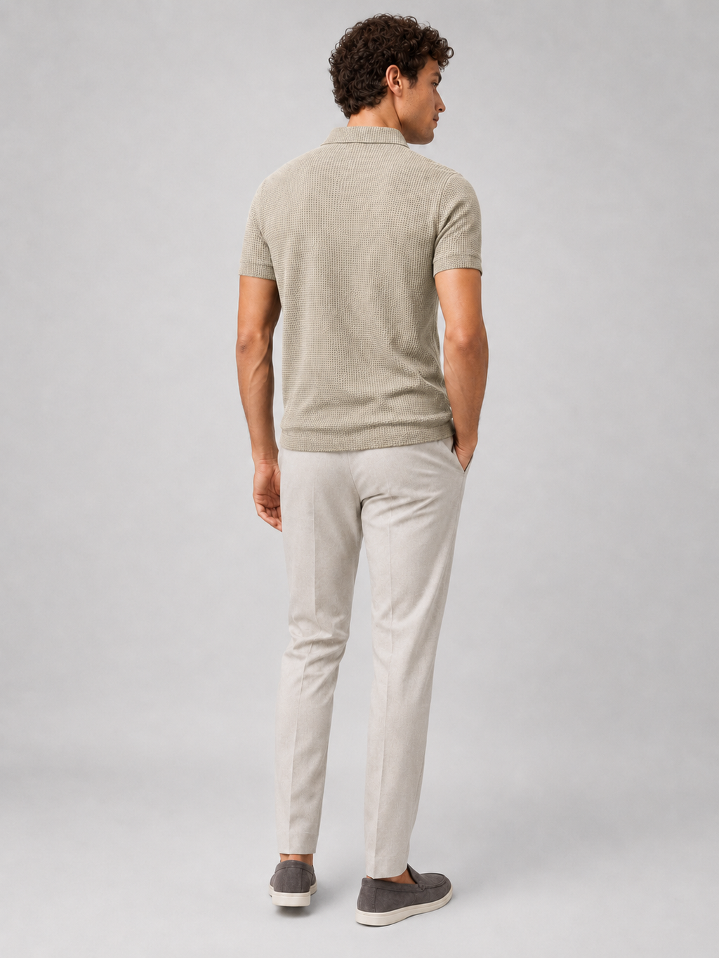 Men’s khaki short sleeve knit polo with button placket refined summer business casual wear