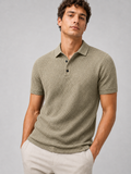 Men wearing khaki textured knit polo shirt short sleeve button placket business casual summer style