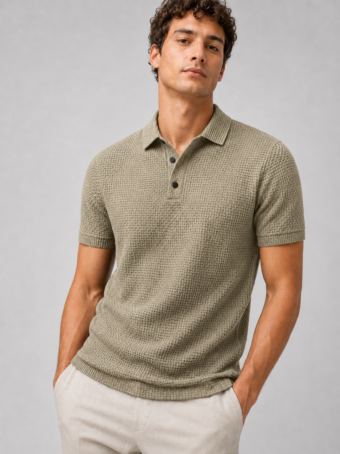 Men wearing khaki textured knit polo shirt short sleeve button placket business casual summer style