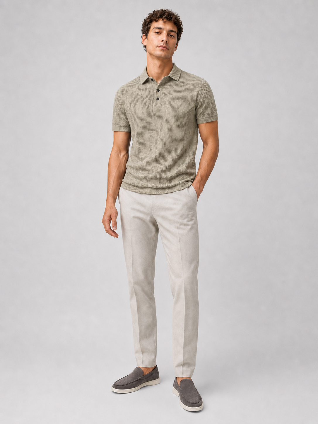 Khaki lightweight textured polo shirt minimal refined top for smart casual style