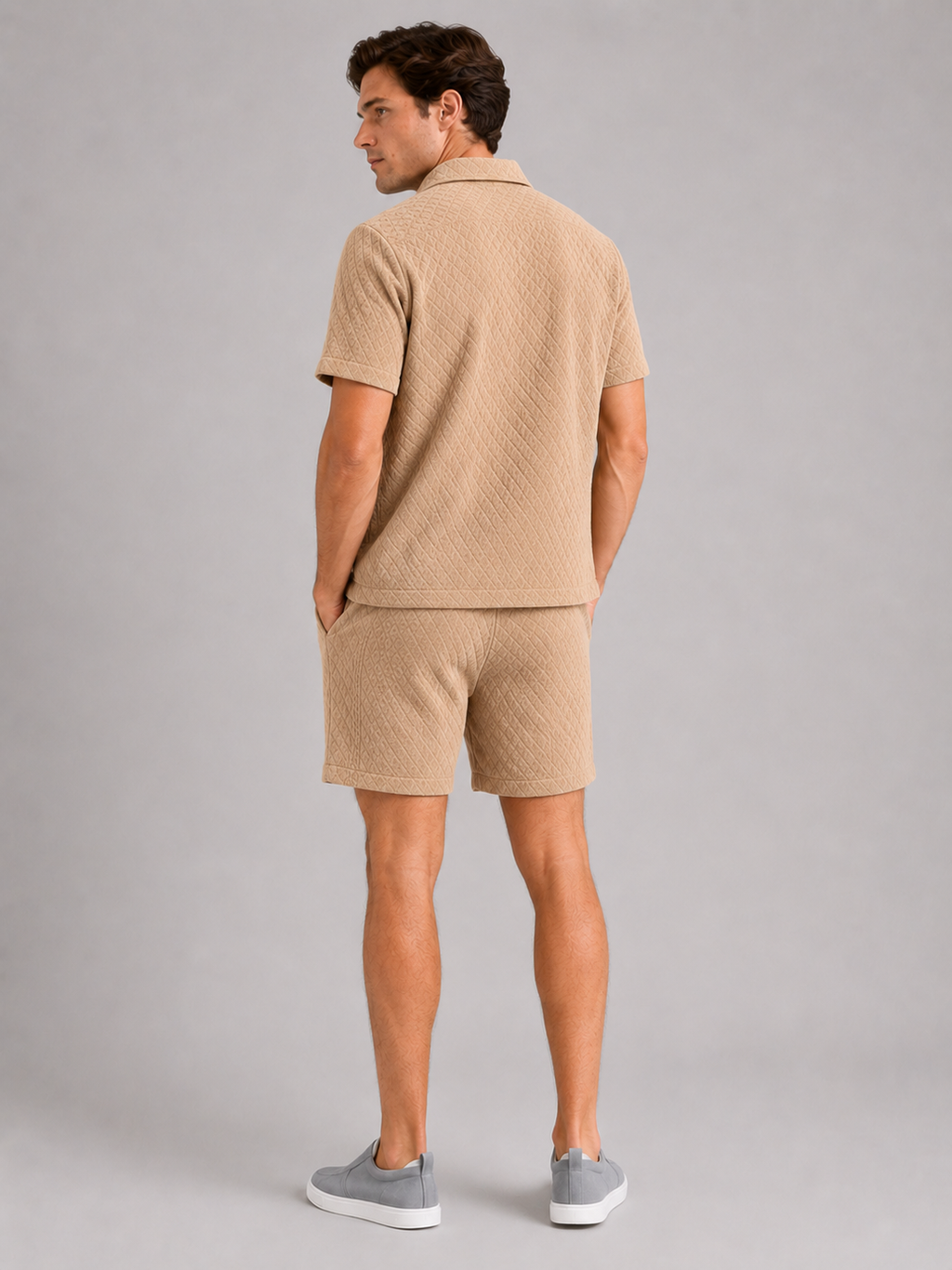 Men’s khaki textured summer co ord set comfortable vacation outfit for beach and resort looks