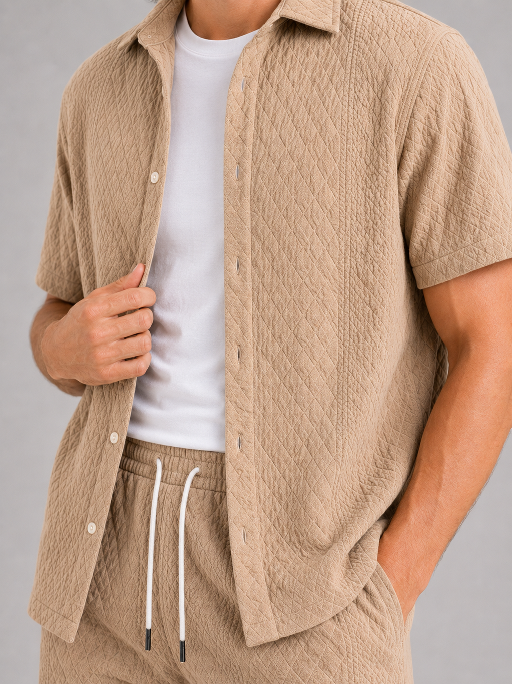 Close up of khaki textured two piece set showing lightweight fabric and woven texture detail