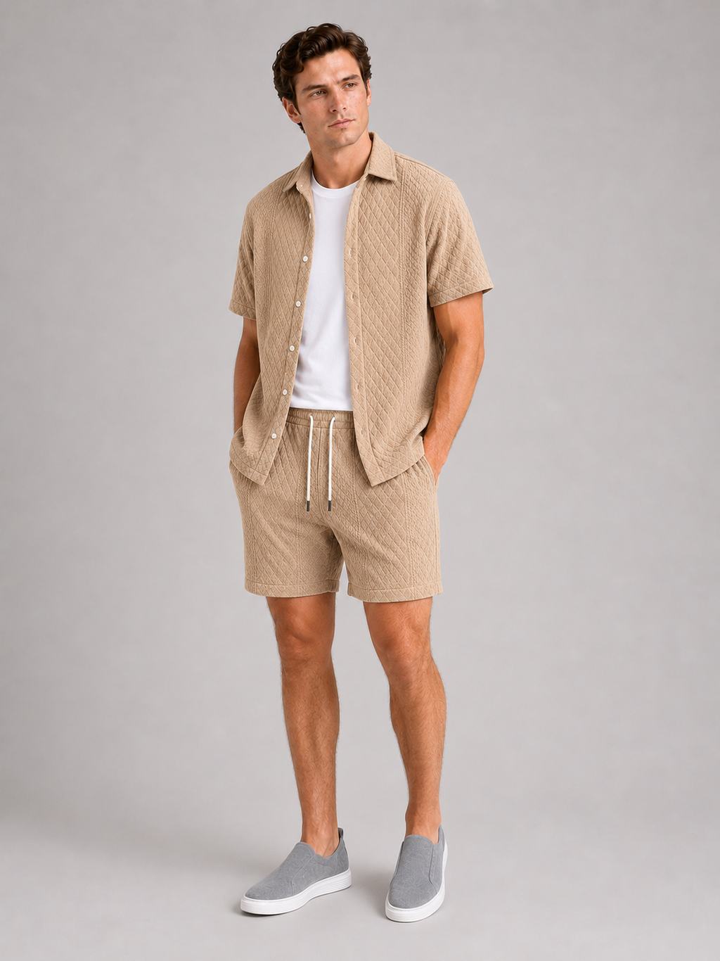 Khaki matching shirt and shorts set for men breathable summer outfit for casual wear
