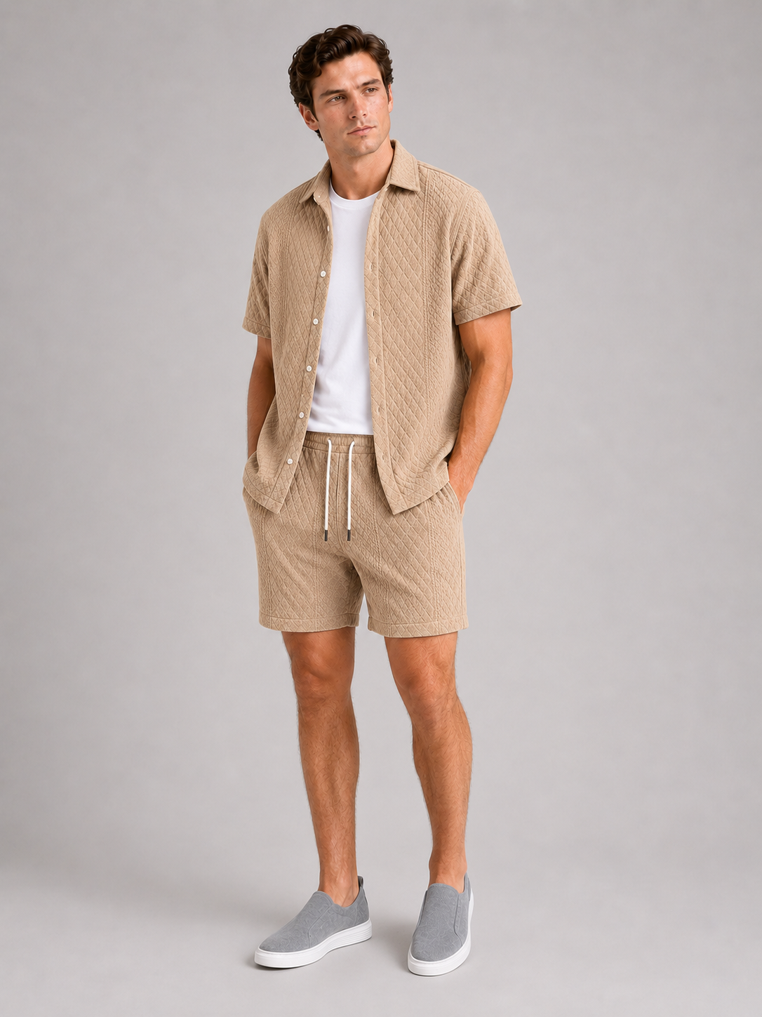 Khaki matching shirt and shorts set for men breathable summer outfit for casual wear