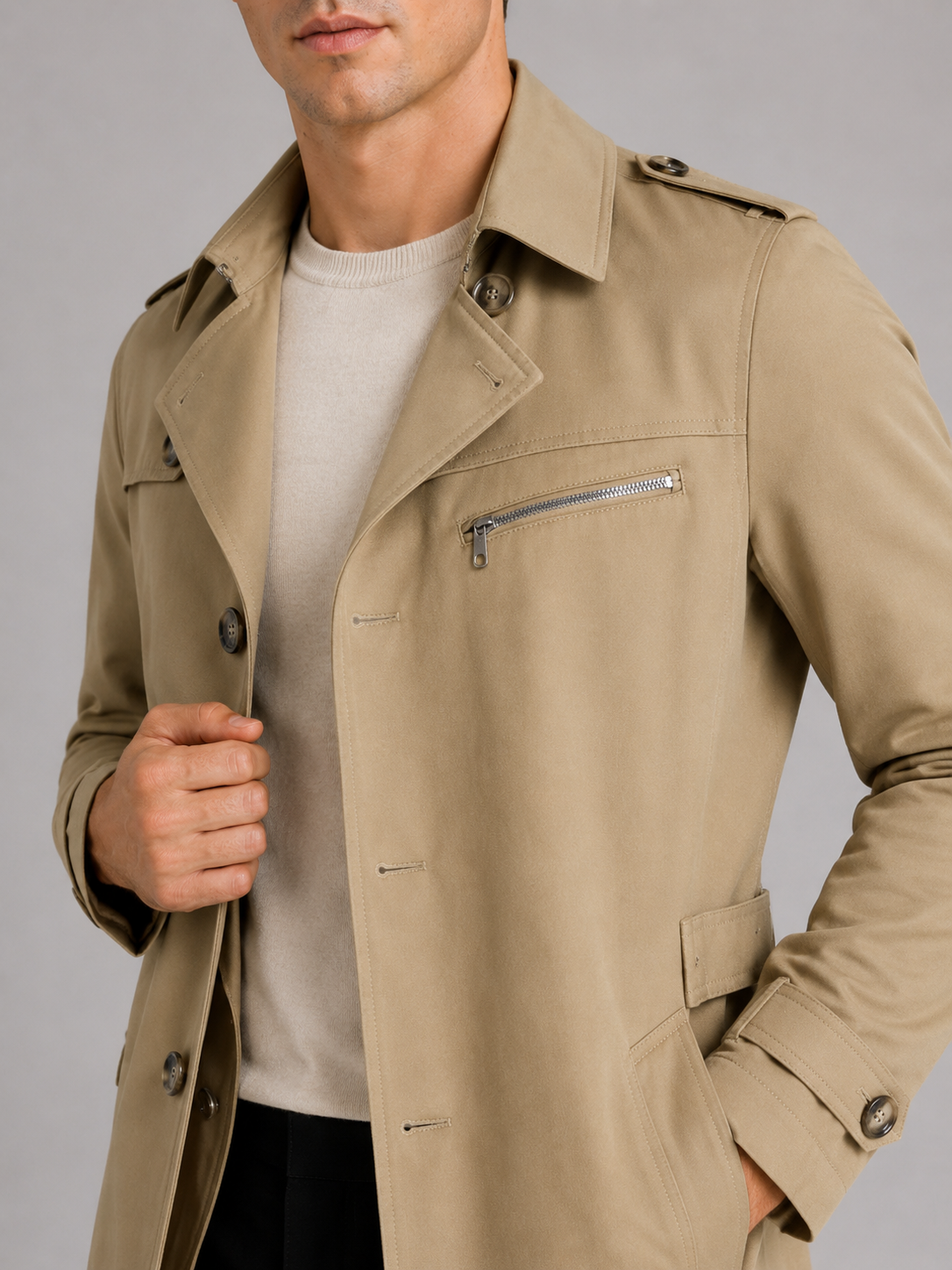 Close up of khaki trench coat showing smooth cotton fabric and refined lapel detail