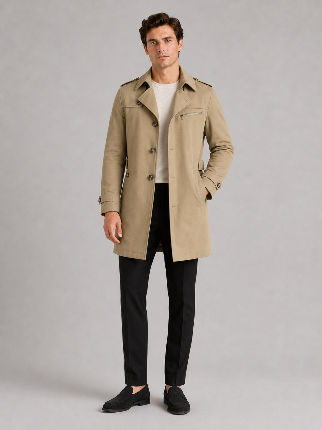 Khaki cotton trench coat for men mid length jacket for office and travel wear