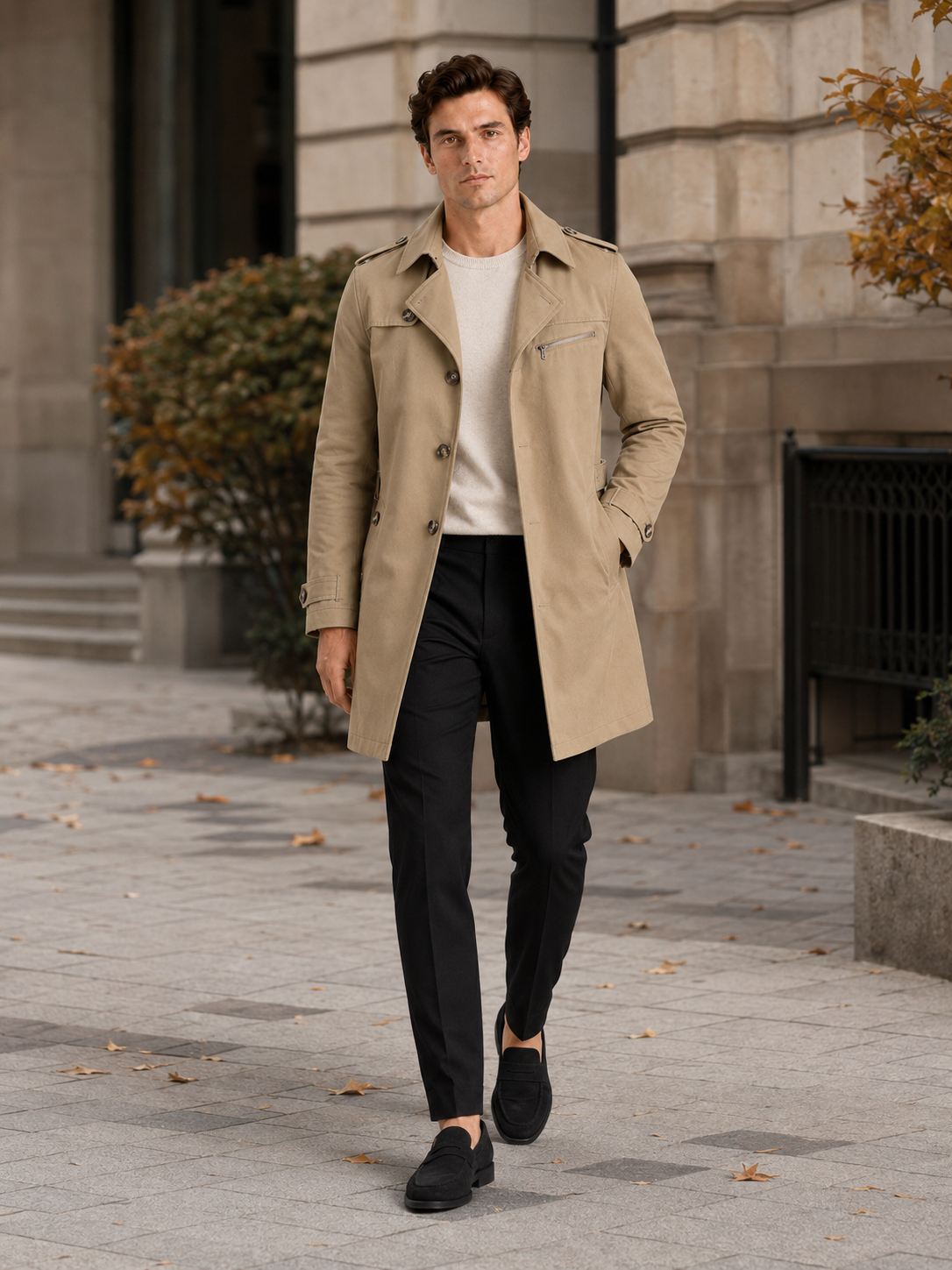 Man styling khaki trench coat in a classic office travel and outdoor lifestyle outfit