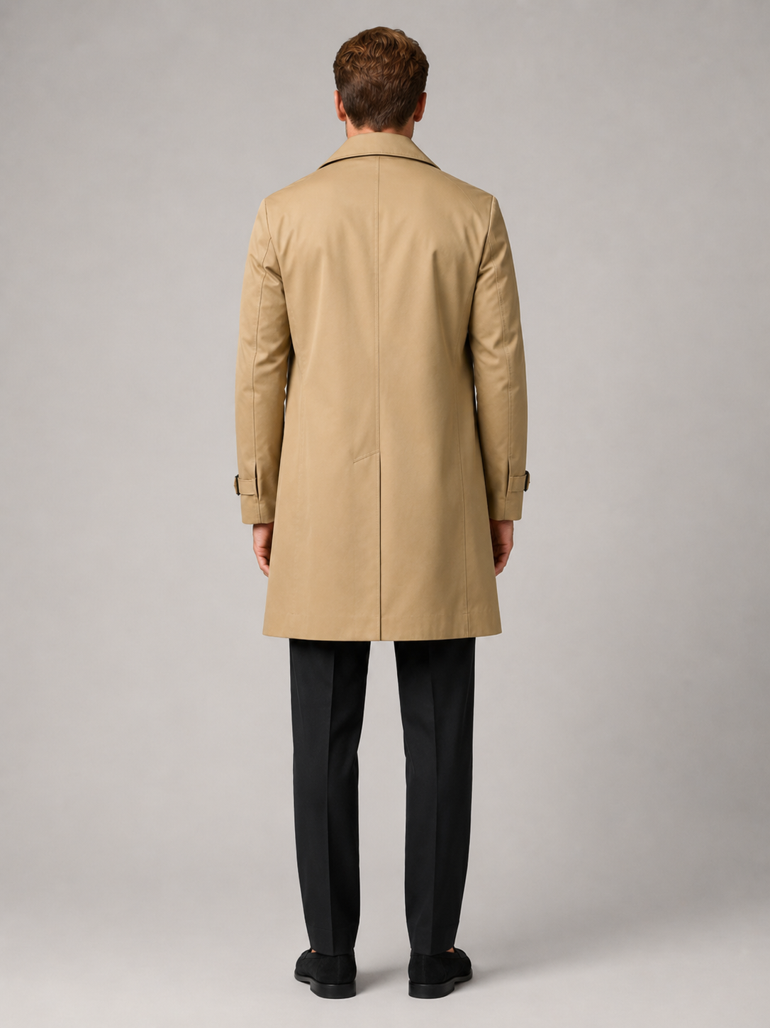 Men’s khaki double breasted trench coat comfortable fall outerwear for casual and commuting outfits