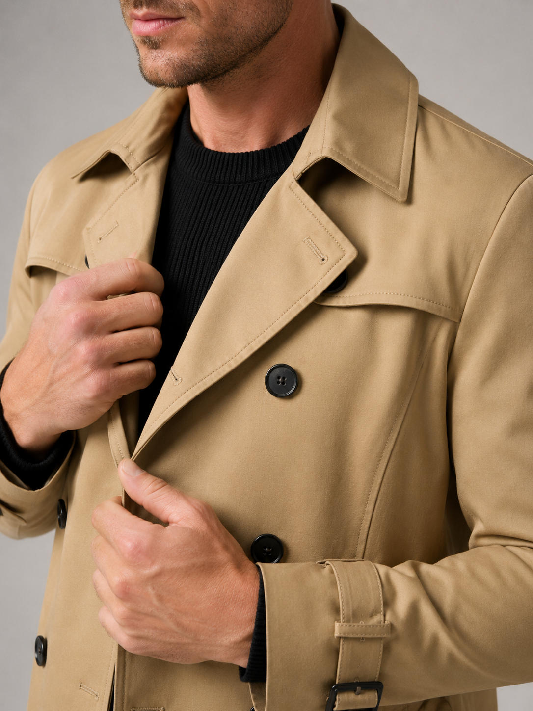 Close up of khaki trench coat showing double breasted front, structured lapel, and premium fabric detail